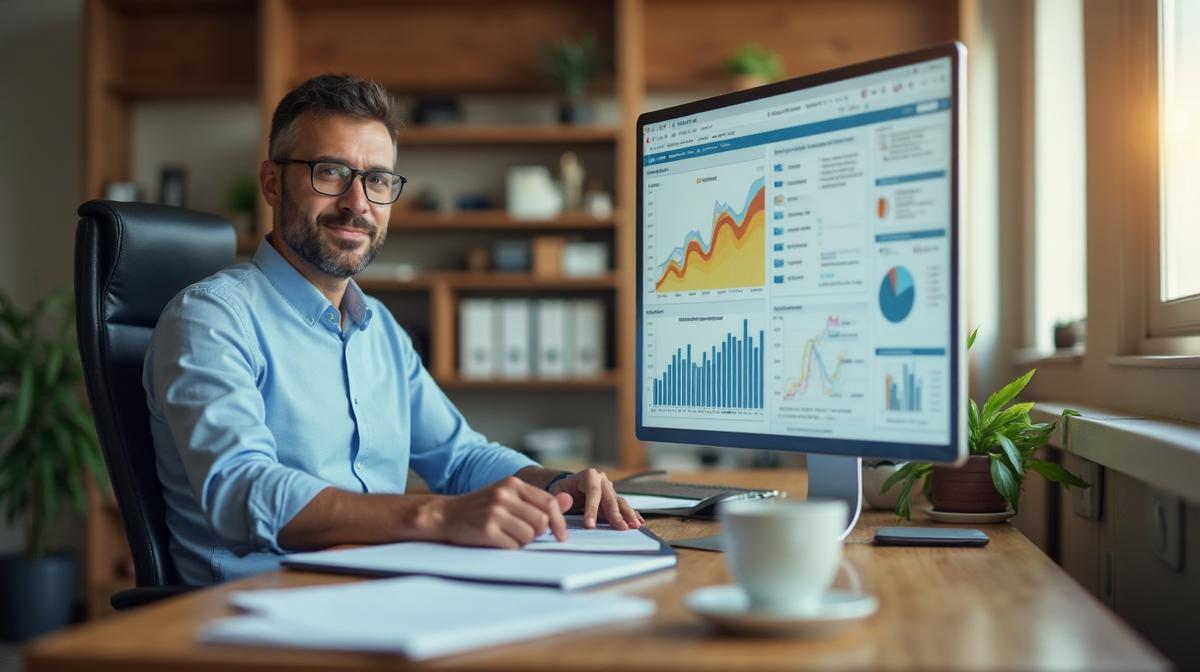 Small business owner developing CEO ownership mindset with strategic planning dashboard