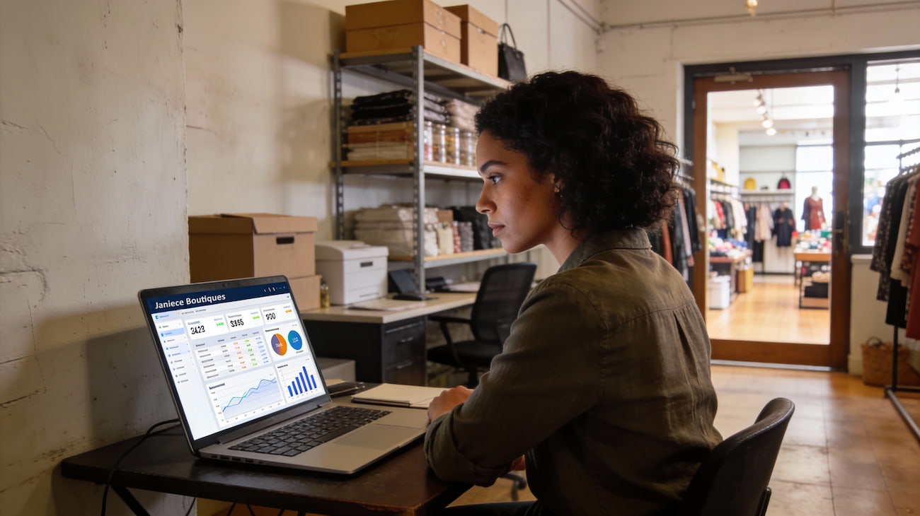 Thumbnail: Small business owner analyzing business intelligence dashboard with charts, graphs, and profitability metrics on laptop in retail boutique office