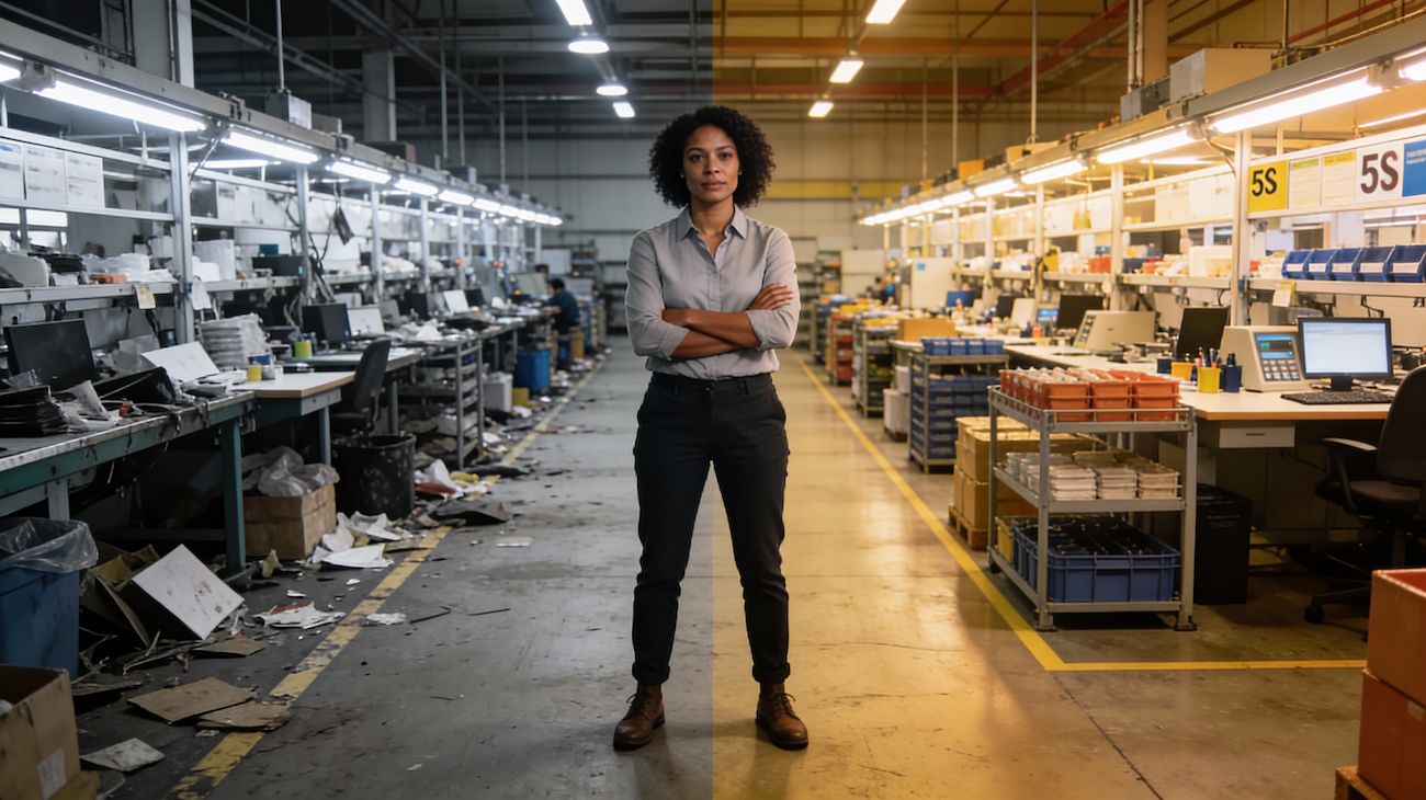 Thumbnail: Business professional standing at crossroads between chaotic disorganized workspace and lean organized 5S workplace - visual transformation through lean principles implementation