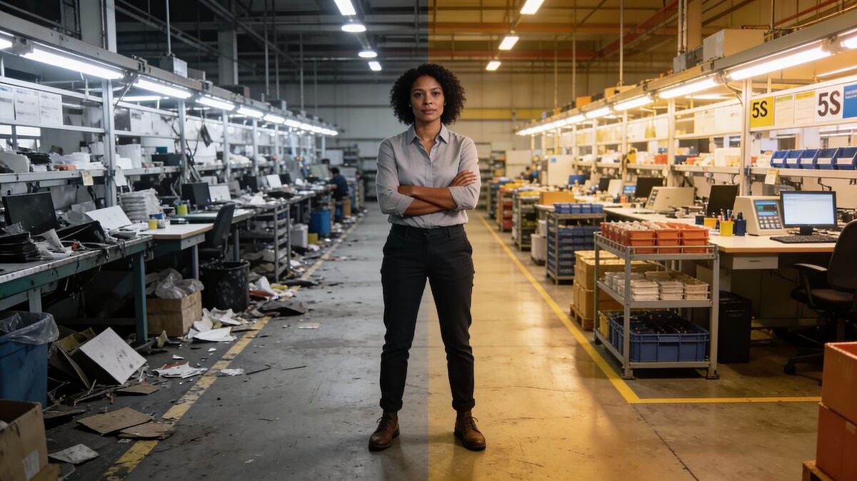 Thumbnail: Business professional standing at crossroads between chaotic disorganized workspace and lean organized 5S workplace - visual transformation through lean principles implementation