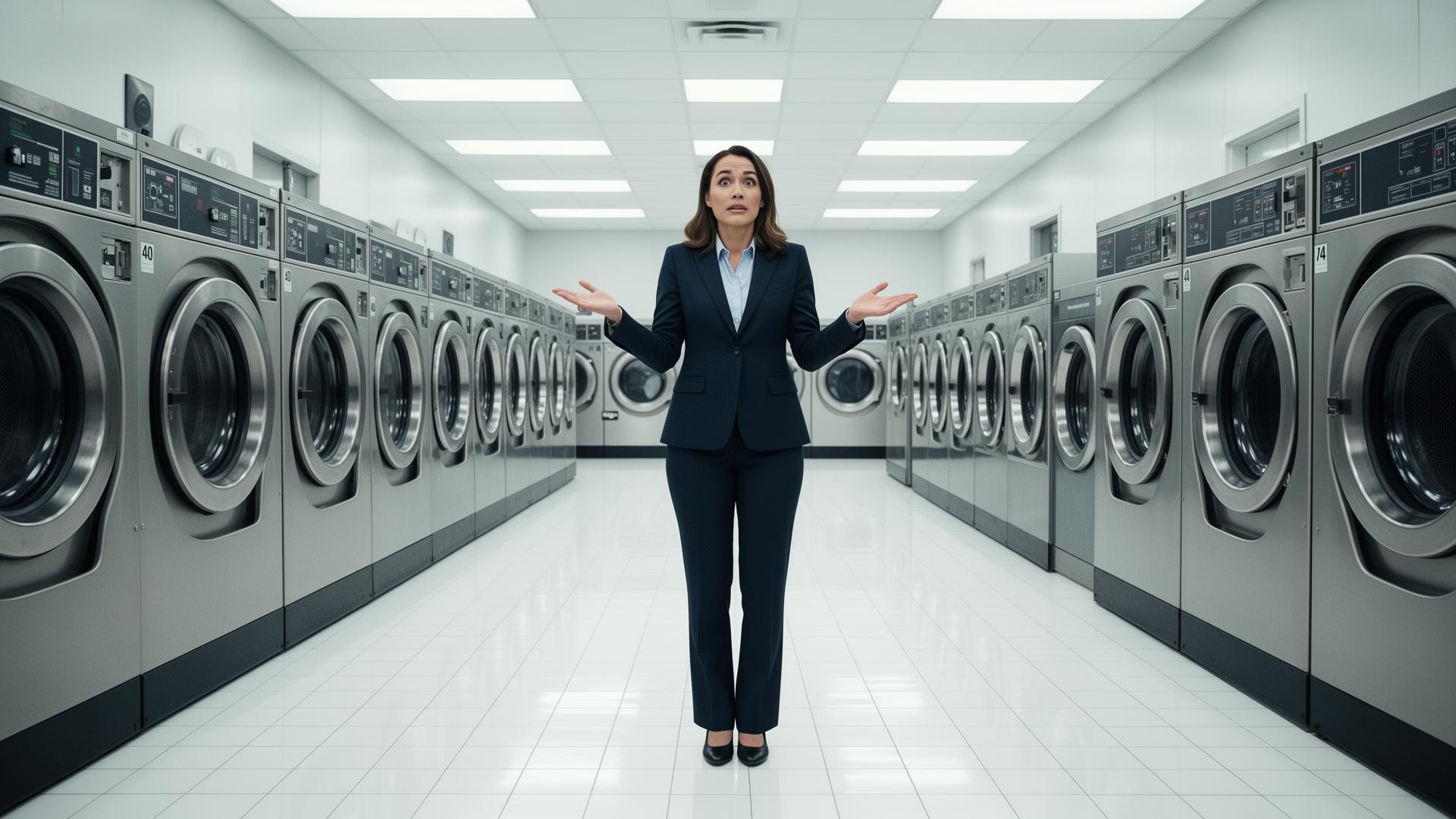 Thumbnail: Businesswoman confused in laundromat surrounded by washing machines metaphor for wasted marketing spend and unclear ROI on advertising budget