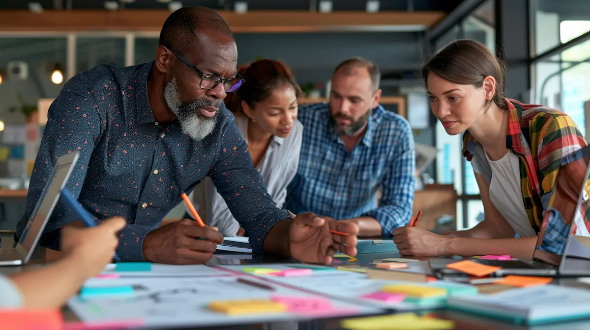 Small business leadership team gathered around a workshop table reviewing assessment findings and a 30-60-90 day implementation roadmap — illustrating the micro-pivot playbook approach to turning business assessment insights into sequential, durable action