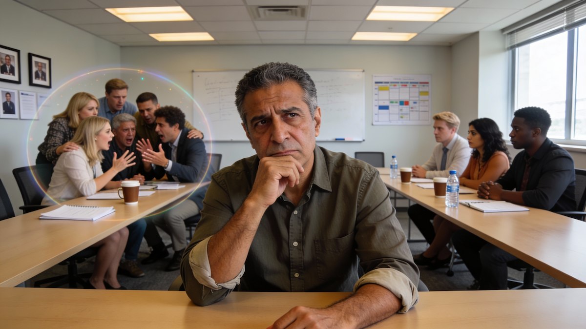 Thumbnail: Business owner contemplating family dynamics in workplace with team members in background - nepotism and favoritism challenges in small business