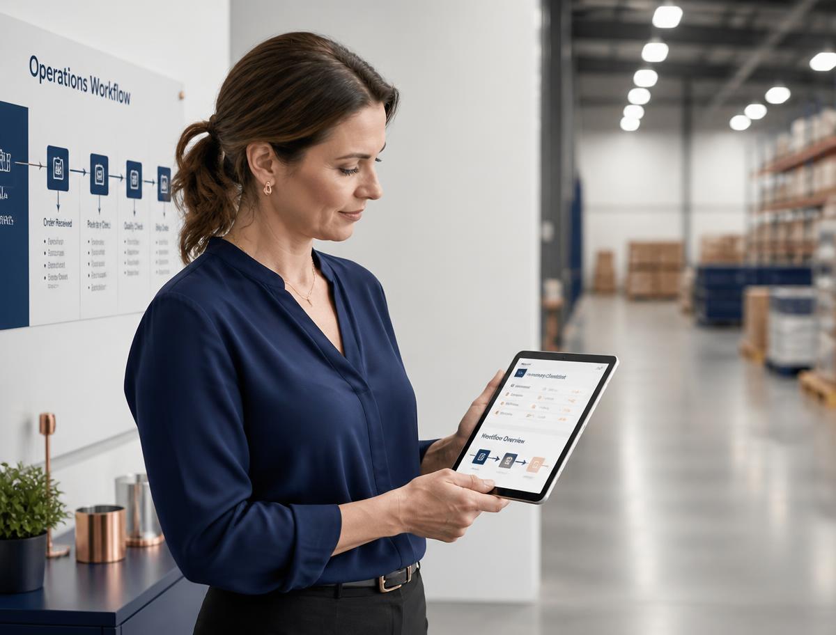 Small business operations manager reviewing a process workflow board and inventory checklist