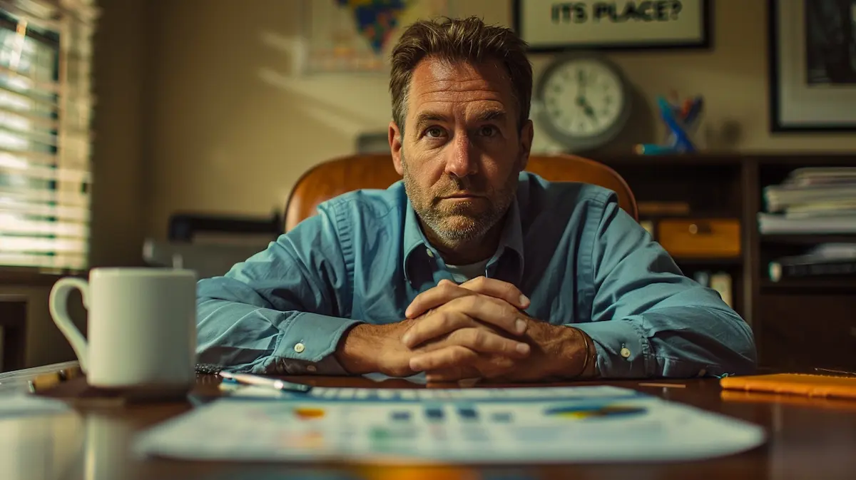 Small business owner at desk reviewing financial documents and overhead cost data with concern about profit margins