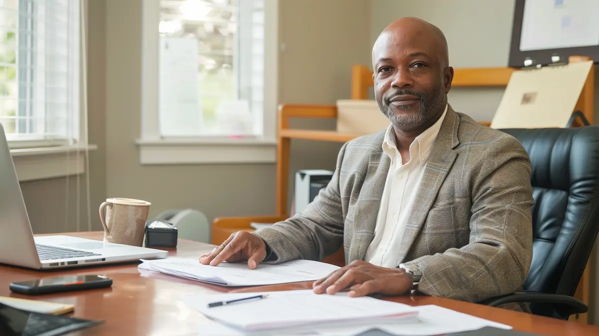 Confident small business owner at desk reviewing documents with strategic focus and intentional decision-making
