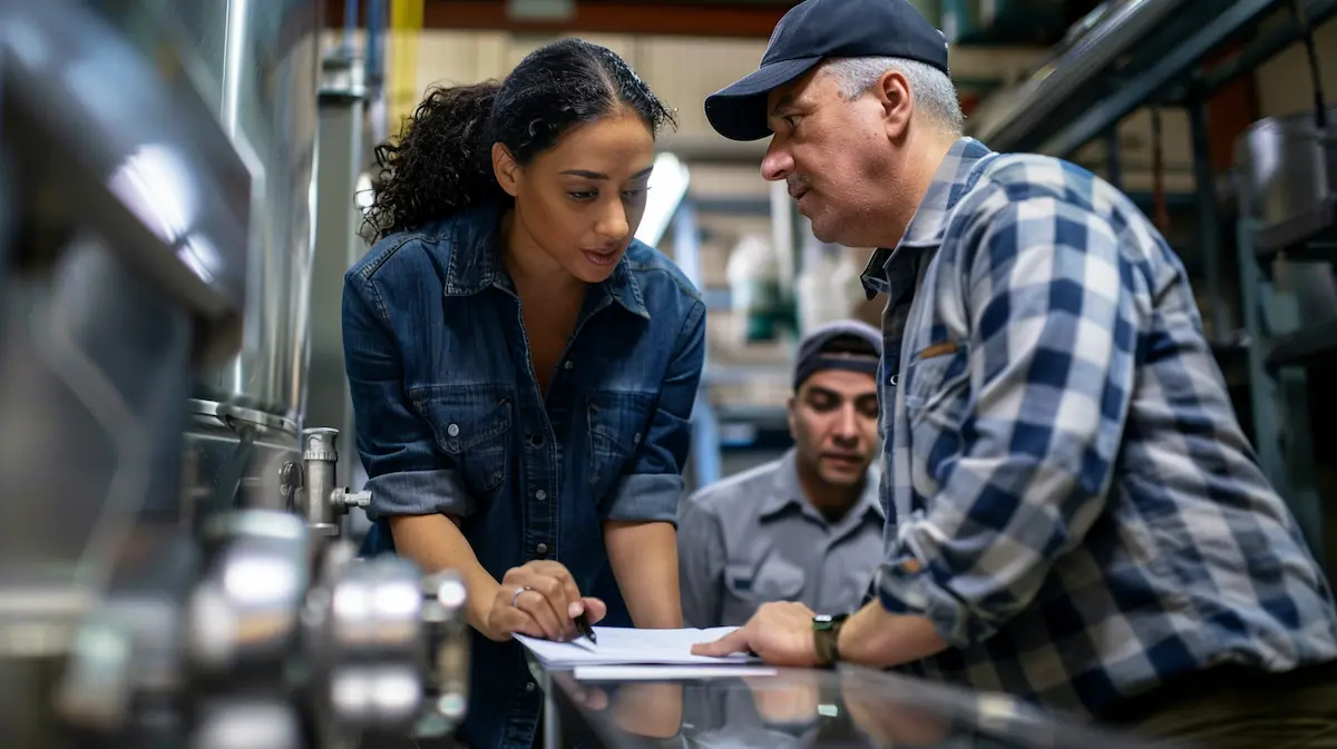 Small business owner and equipment technician reviewing proactive maintenance documentation on a factory floor with industrial machinery