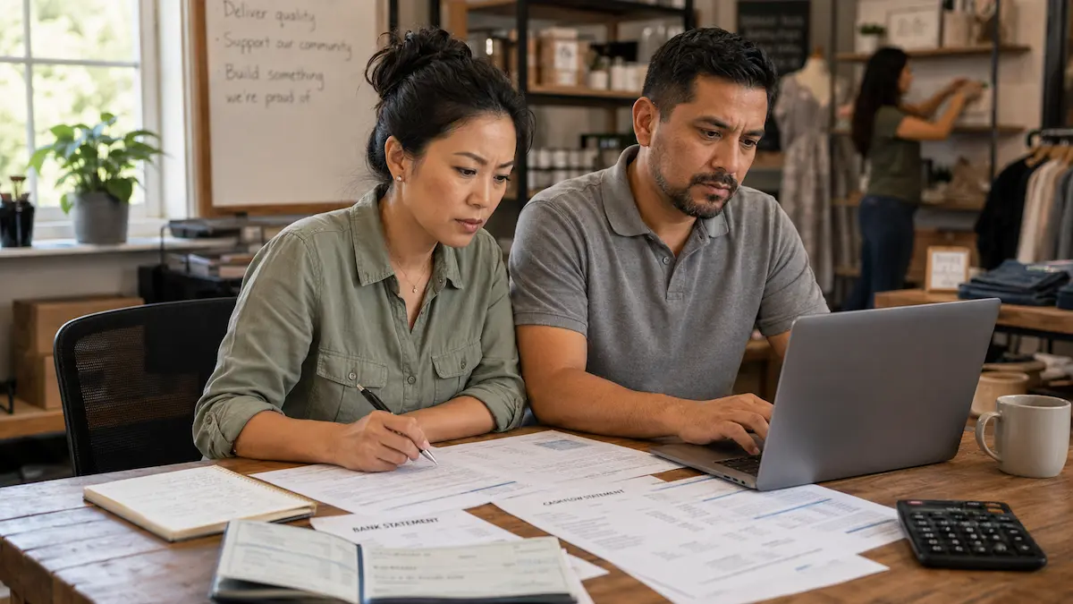 A small business owner couple reviewing bank statements and cash flow reports on a laptop — a profitable but cash-poor small business using the C.A.S.H. Control Framework