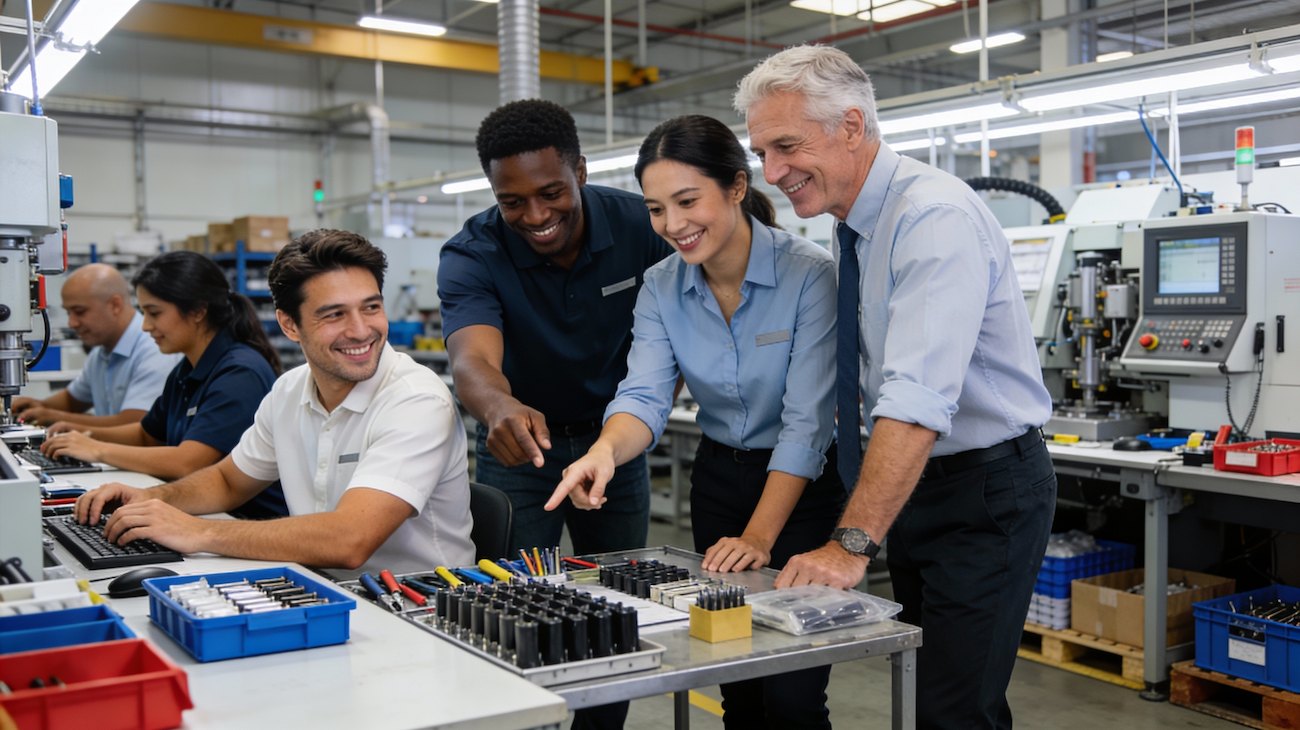Thumbnail: Small business team collaborating in manufacturing facility - role clarity and accountability in action through R2A2 job descriptions framework