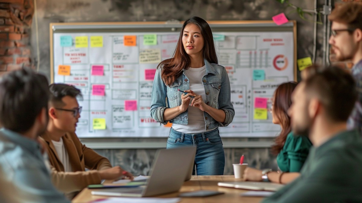 Small business leader facilitating a strategic quarterly planning session with team and whiteboard