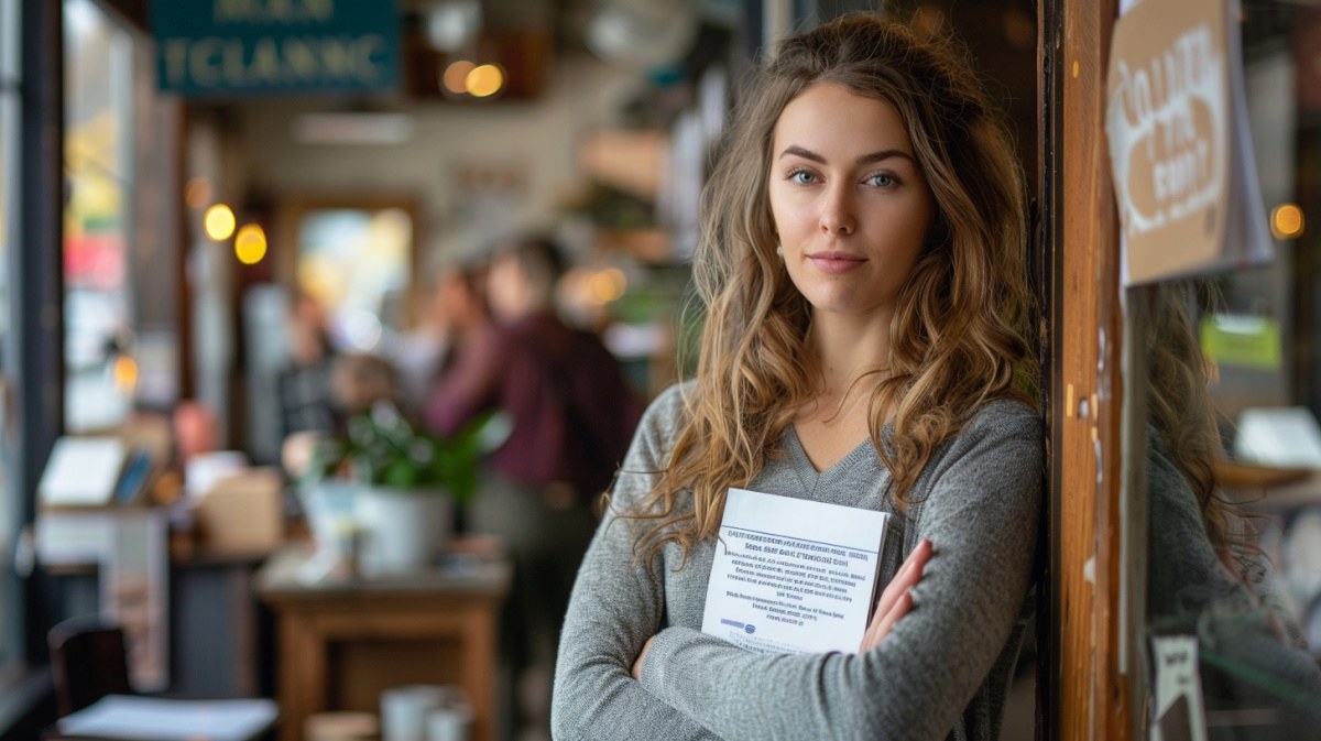 Small business owner standing confidently at storefront doorway contemplating market expansion and growth readiness