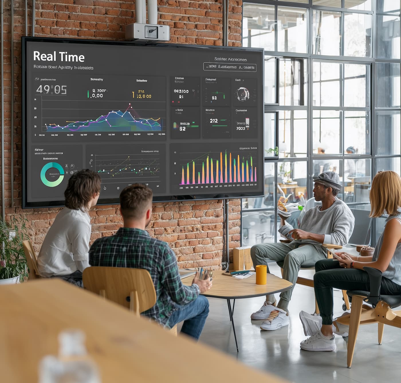 Thumbnail: Real-time analytics dashboard displaying SMB business intelligence metrics for volatile market agility with team collaboration in modern office setting