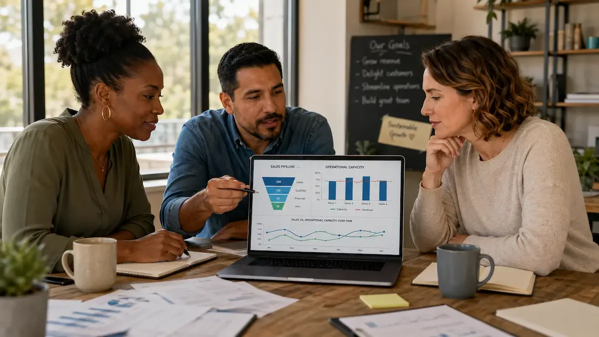 Small business owners reviewing a sales pipeline and operational capacity dashboard on a laptop — illustrating how to manage the sales vs. capacity pendulum swing of growth