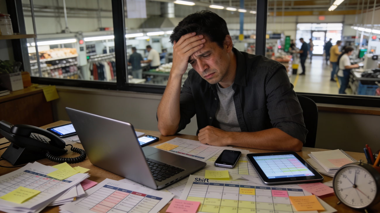 Thumbnail: Small business manager stressed over complex employee scheduling with spreadsheets, tablets, and shift calendars on desk