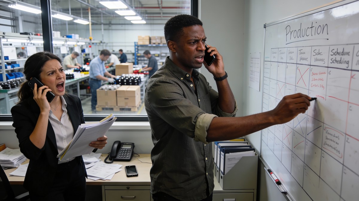 Thumbnail: Business managers stressed managing chaotic production scheduling in manufacturing facility - unstructured workforce scheduling challenges