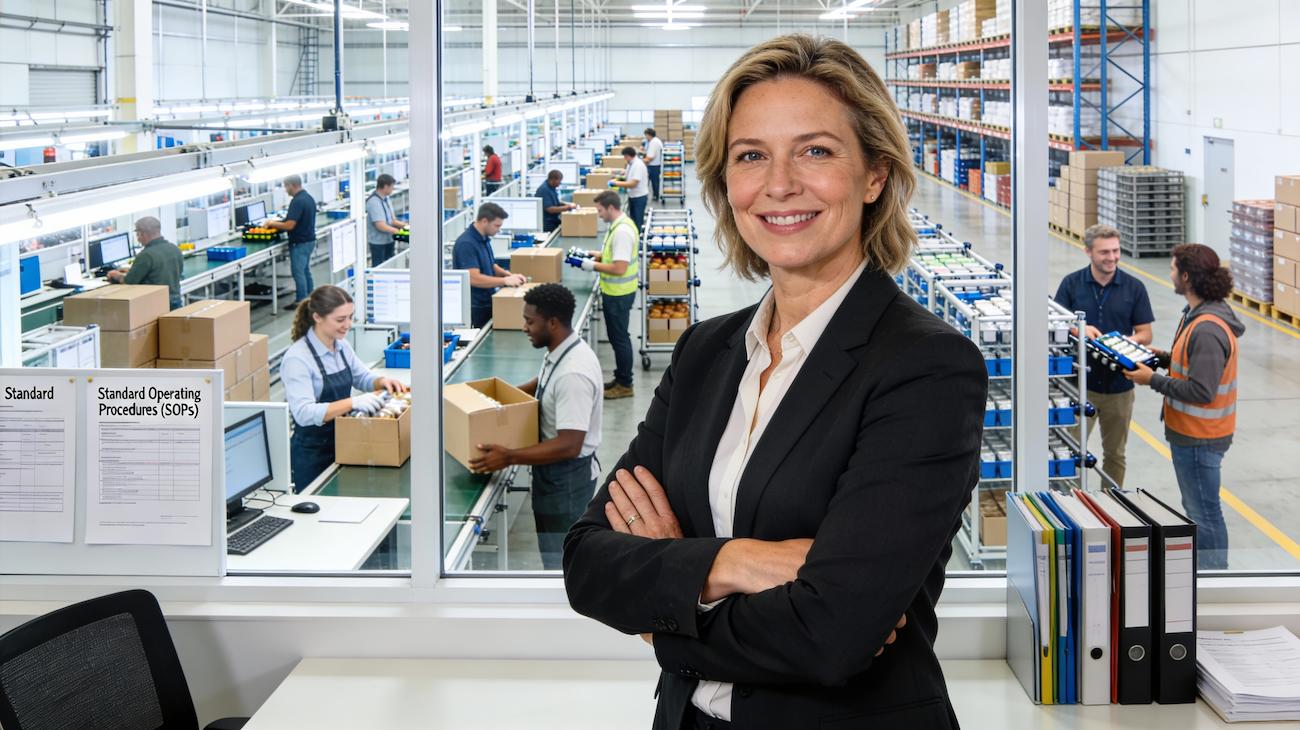 Thumbnail: Business operations manager overseeing streamlined warehouse workflow with standard operating procedures - process documentation enabling scalable business growth