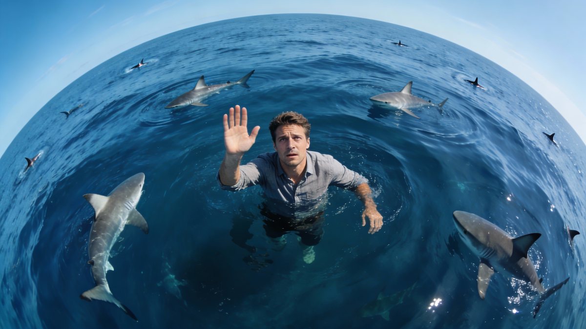 Thumbnail: Business owner surrounded by sharks metaphor for business crisis and competitive threats requiring calm strategic response