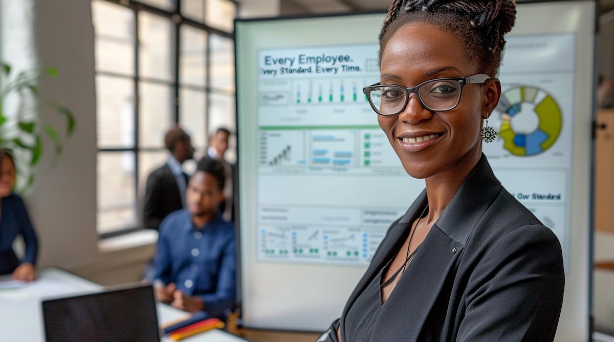 Business leader presenting compliance standards and operational metrics to team in modern office environment