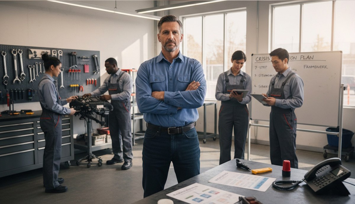 Thumbnail: Small business owner confidently leading team through crisis action plan in workshop environment - crisis management leadership