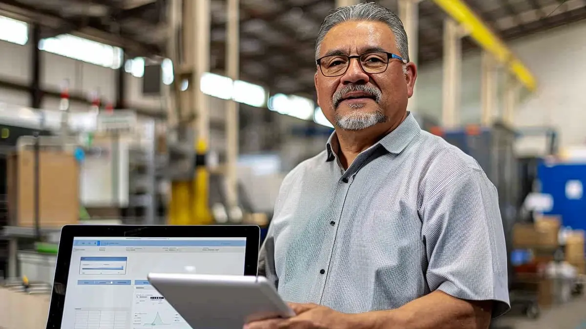 Established small business owner reviewing modernized operations on a tablet beside a desktop dashboard on the warehouse floor — staged digital transformation in a manufacturing operation