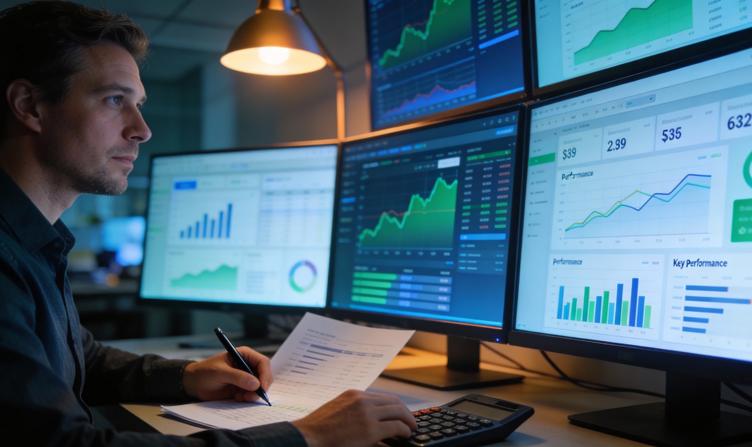 Thumbnail: Business owner analyzing financial data on multiple monitors showing charts and key performance indicators for small business financial management