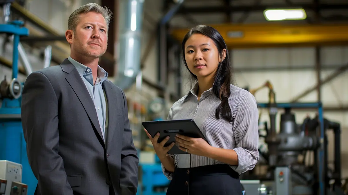 Thumbnail: Small business owner and Operator reviewing operational KPIs on a tablet inside a working facility — illustrating the Visionary–Integrator partnership that breaks the growth ceiling