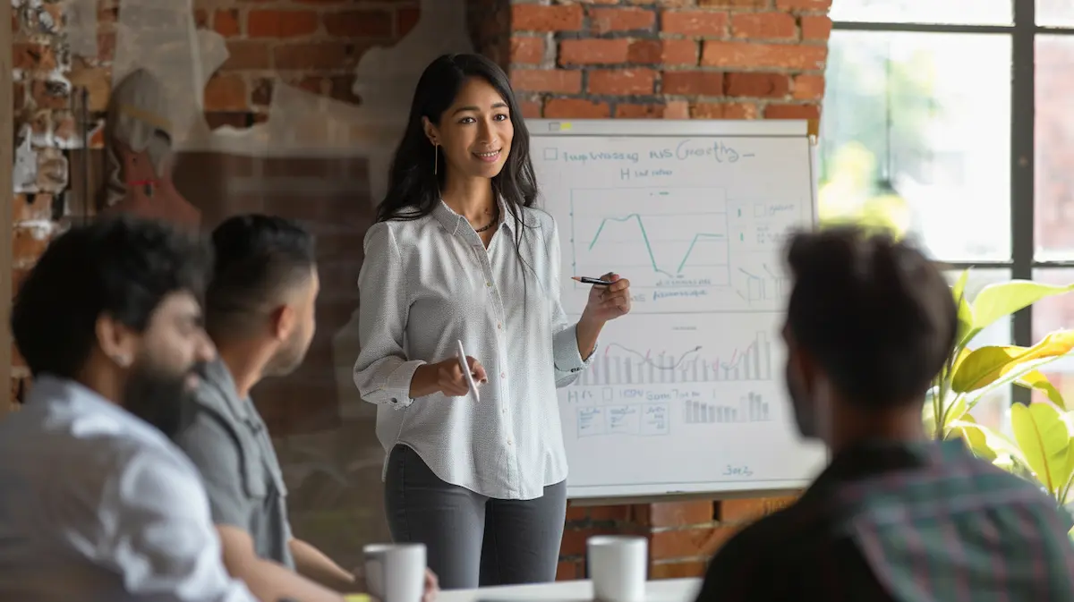 Small business team leader presenting growth charts and strategy on whiteboard during collaborative team meeting