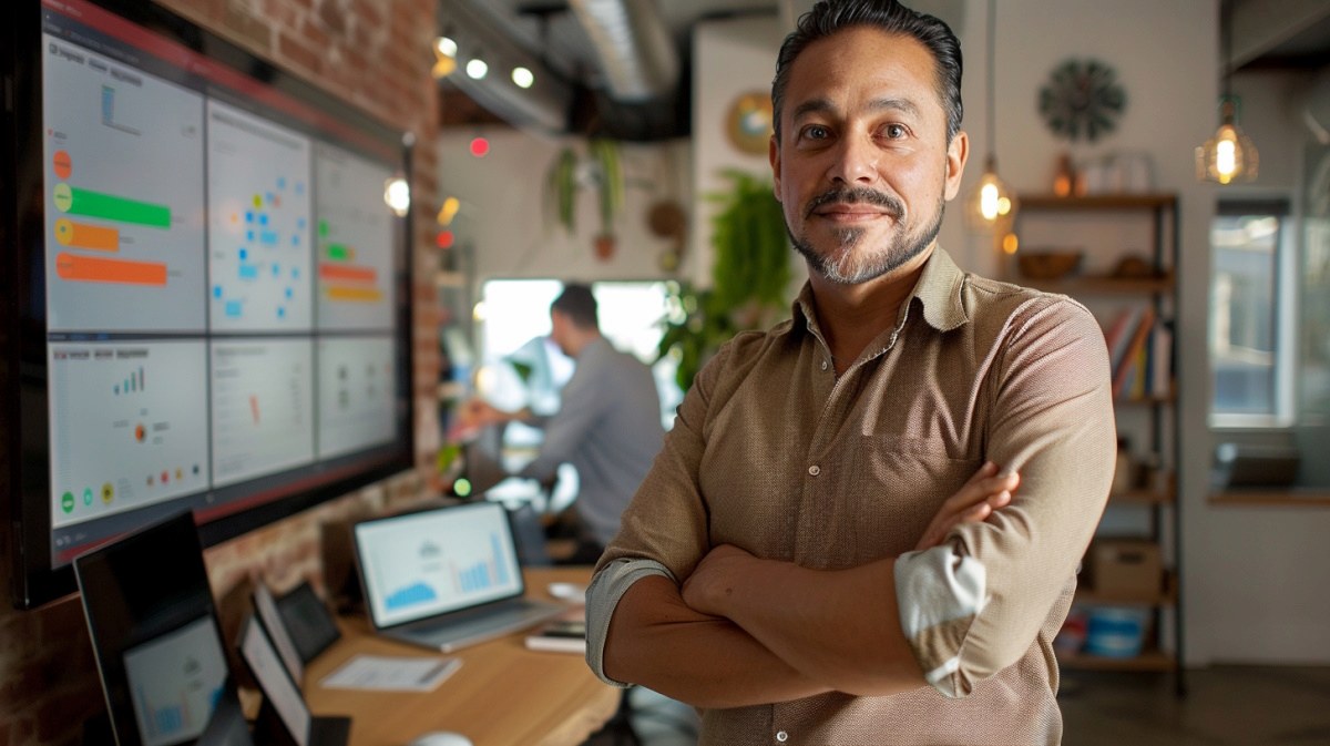 Small business owner confidently reviewing business health metrics dashboard showing multi-dimensional performance data