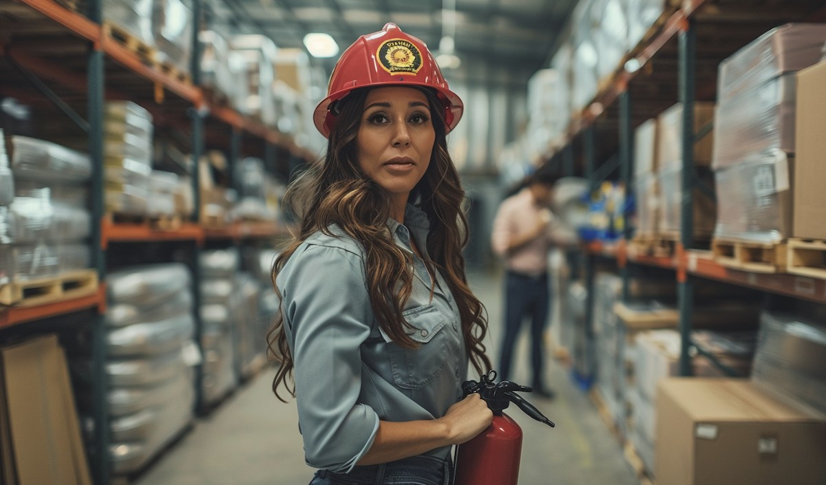 Small business operations manager in warehouse holding fire extinguisher representing firefighting chaos in daily operations