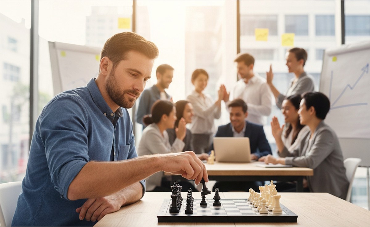 Business professional strategizing with chess pieces representing small business strategic planning and competitive positioning