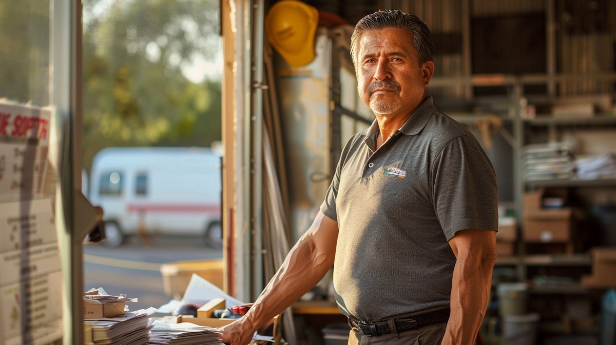 Experienced small business owner reviewing standardized work documentation and operational procedures in workshop environment