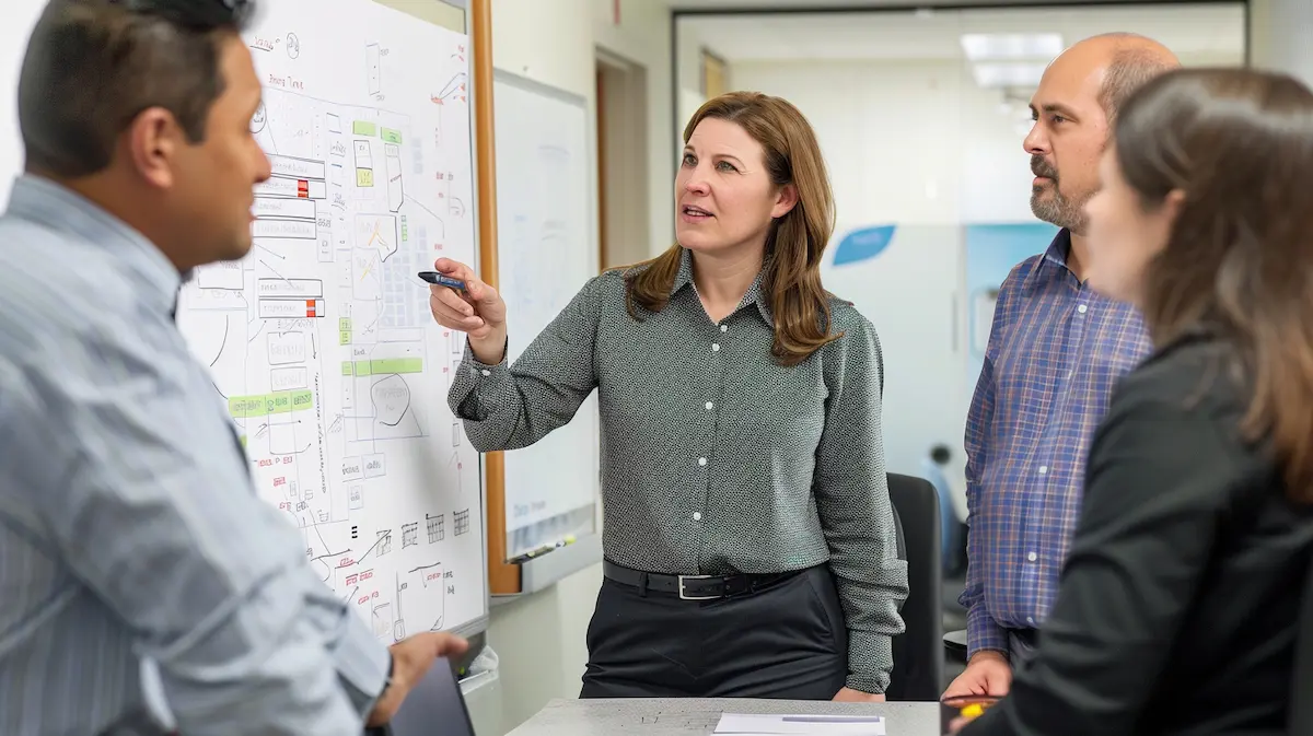 Small business leadership team reviewing a process and workflow map on a whiteboard before evaluating new software — illustrating the diagnose-before-you-digitize discipline behind sound small business technology decisions