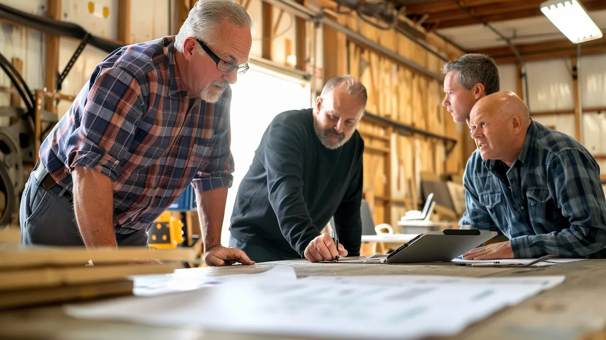 Project-based small business team reviewing job-level estimates and cost plans on a workshop bench — illustrating the project-level job costing discipline that protects profit, cash flow, and growth