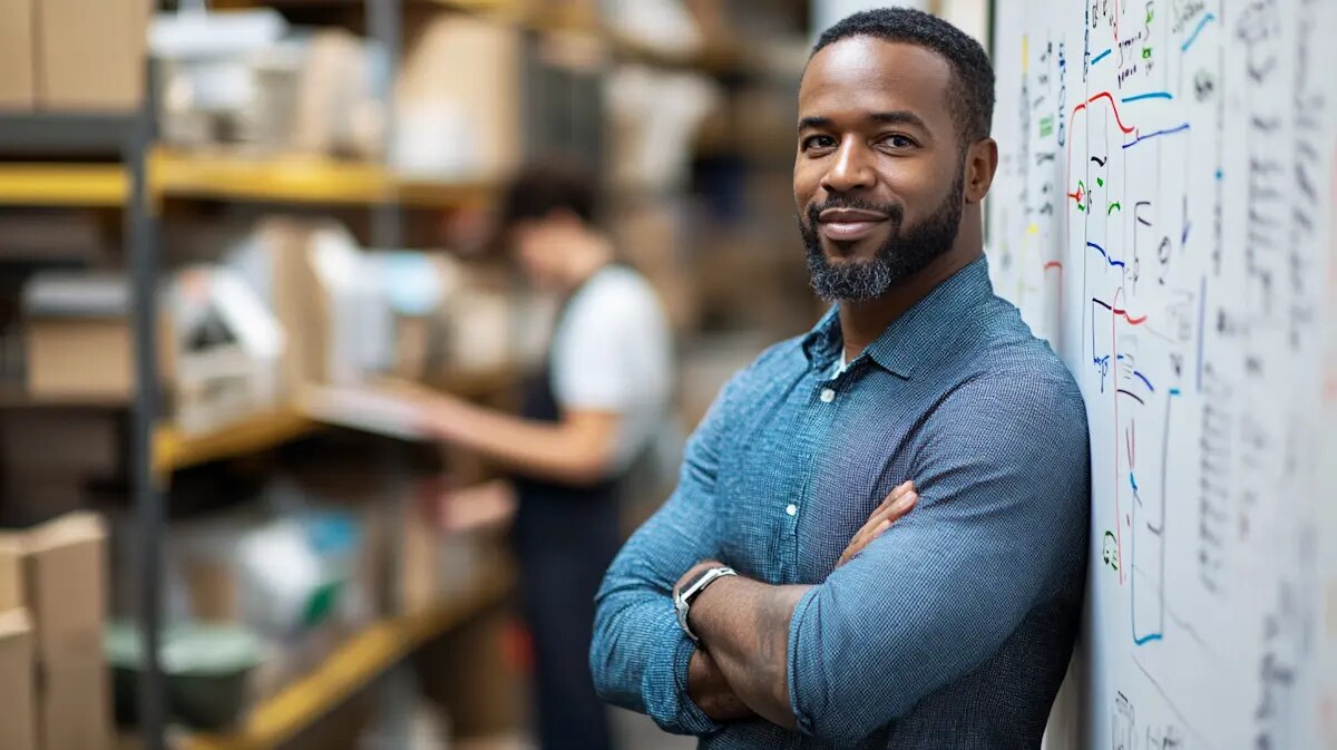 Small business owner transitioning from startup operator to architect — reviewing systematized processes, standard operating procedures, and operational blueprints for sustainable growth