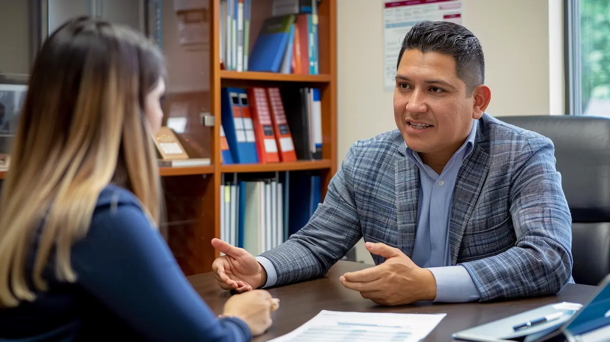 Business consultant explaining solution-based positioning strategy to client in professional office setting