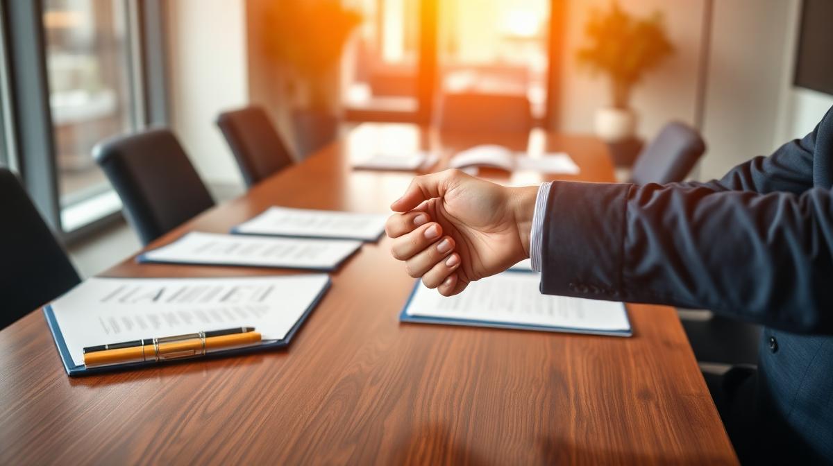 Small business succession planning with leadership transition documents and continuity plan on boardroom table