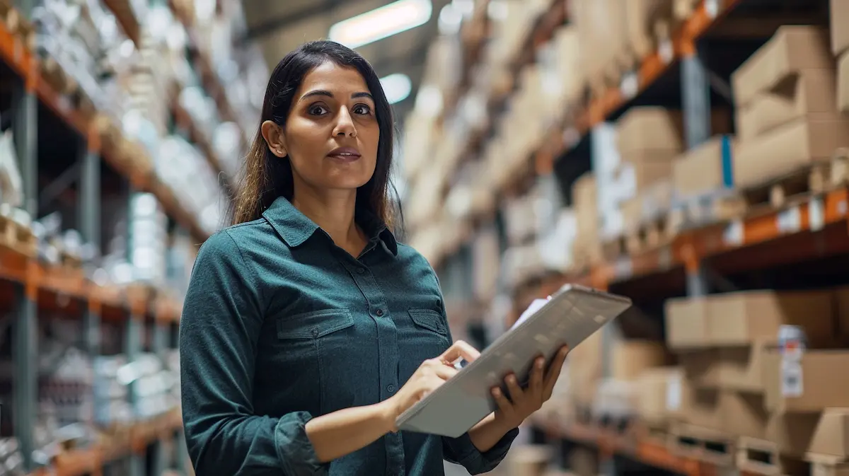 Small business owner reviewing supply chain operations in warehouse with tablet for inventory and vendor management