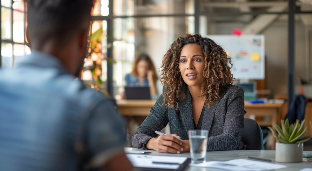 Small business leader conducting a strategic hiring interview in a modern collaborative workspace representing talent acquisition best practices