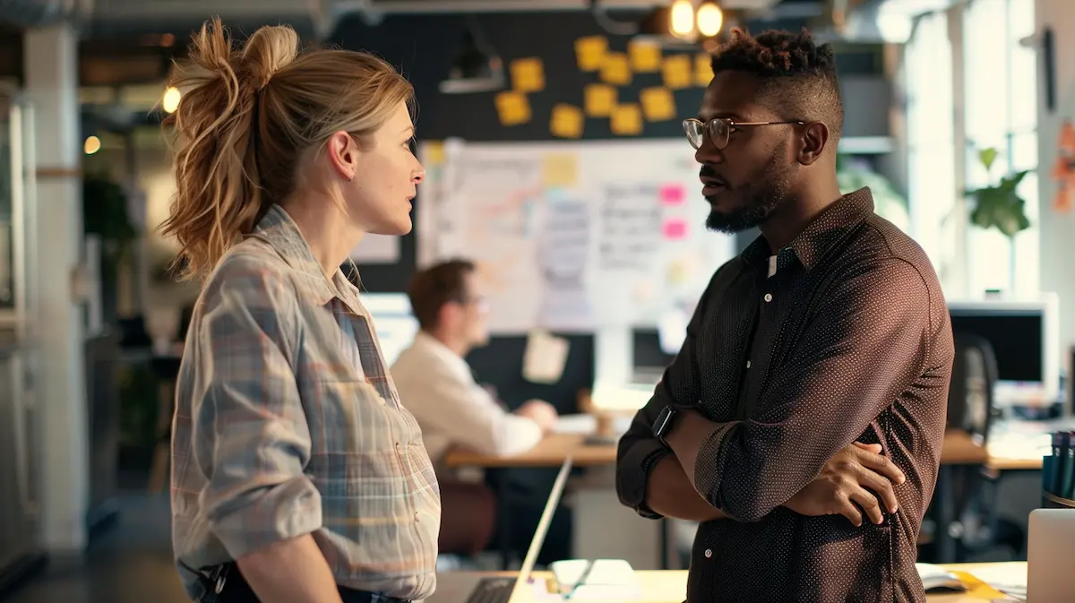 Small business leader and team member having a candid conversation in a modern office during a growth period, representing team readiness and leadership communication
