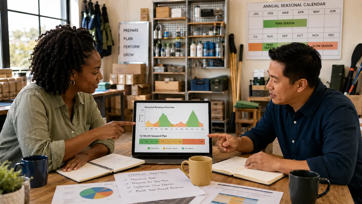 Two small business owners reviewing a seasonal revenue chart and annual peak-season calendar on a laptop — planning a year-round seasonal small business strategy