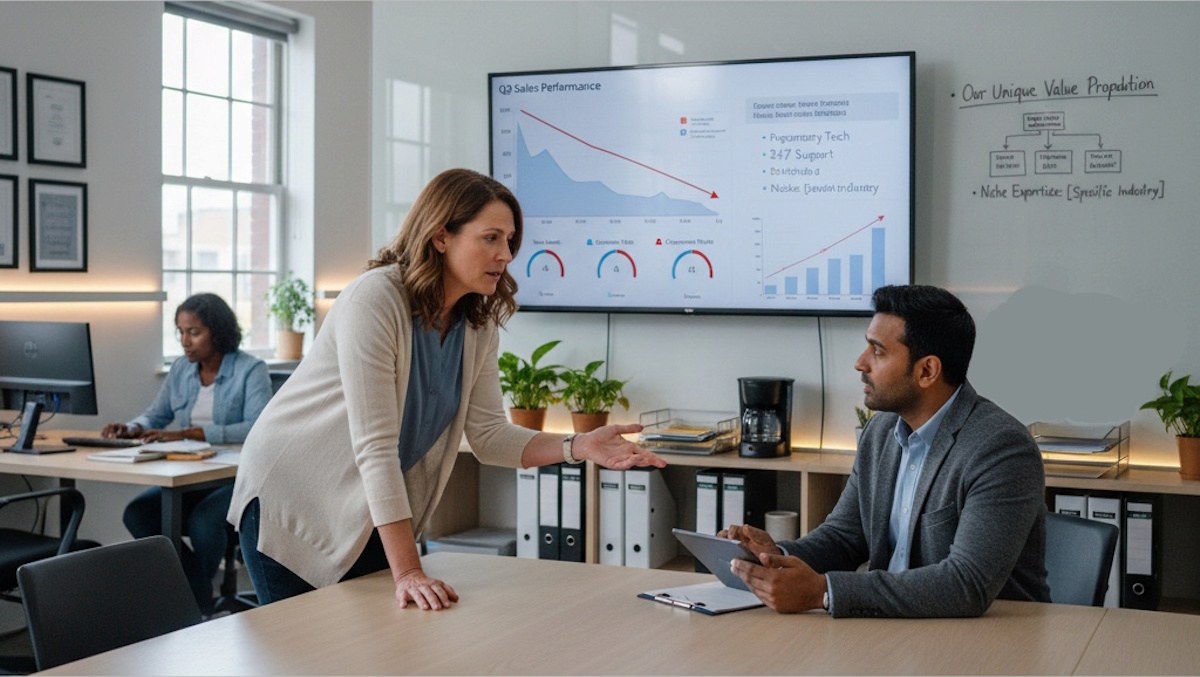 Thumbnail: Business team reviewing sales performance dashboard with declining metrics - unpredictable sales approach challenges for SMBs