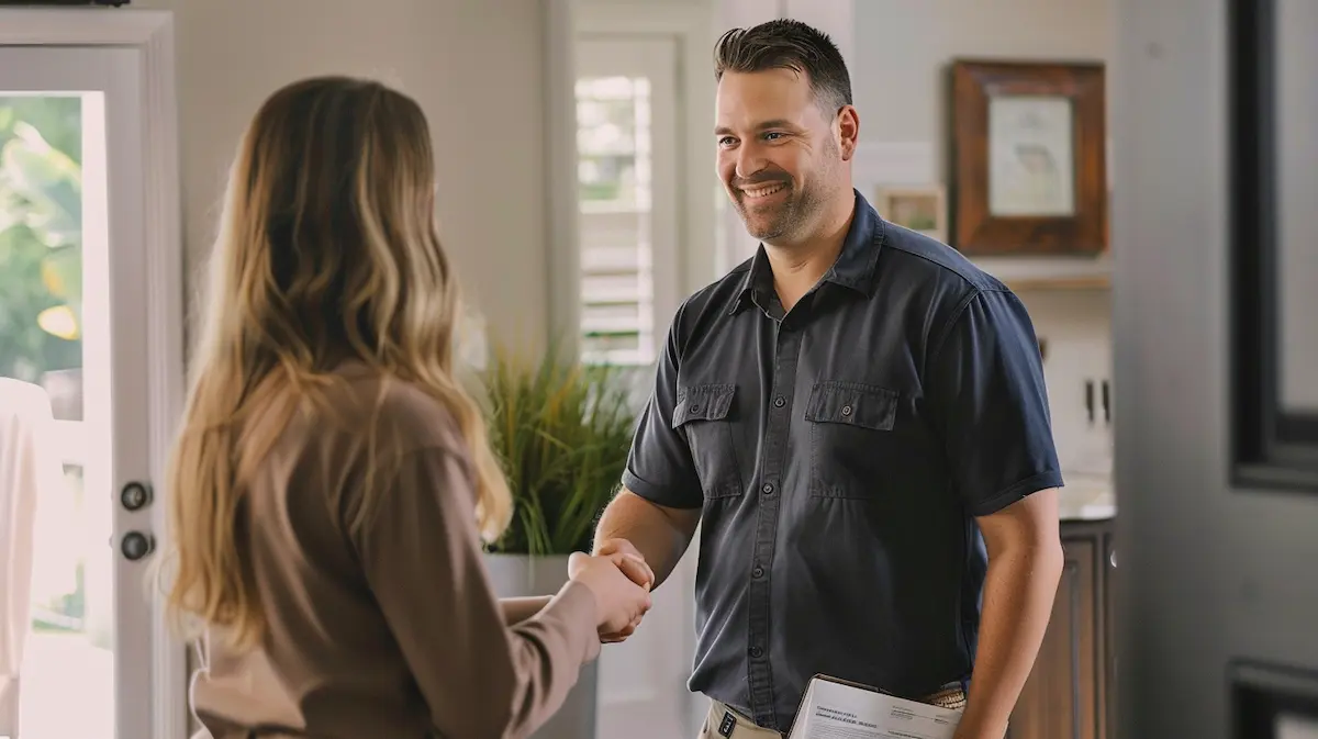 Service business professional shaking hands with satisfied client illustrating trusted advisor upselling relationship