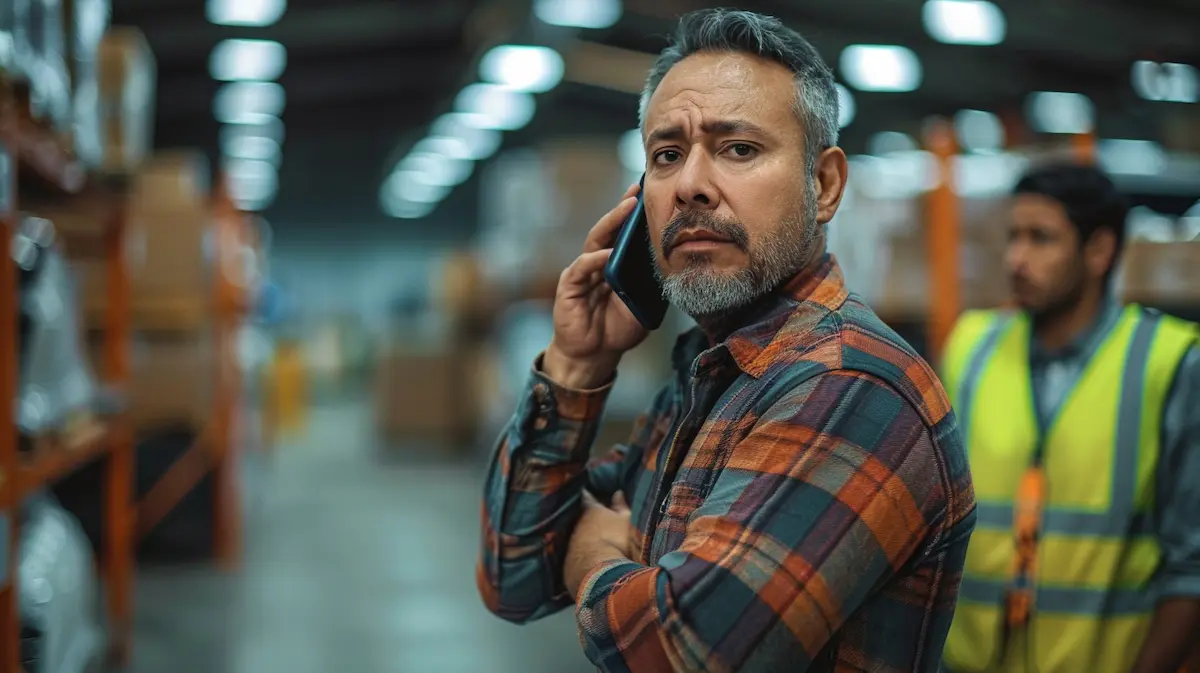 Concerned small business owner on phone in warehouse managing vendor relationship challenges and supply chain risk