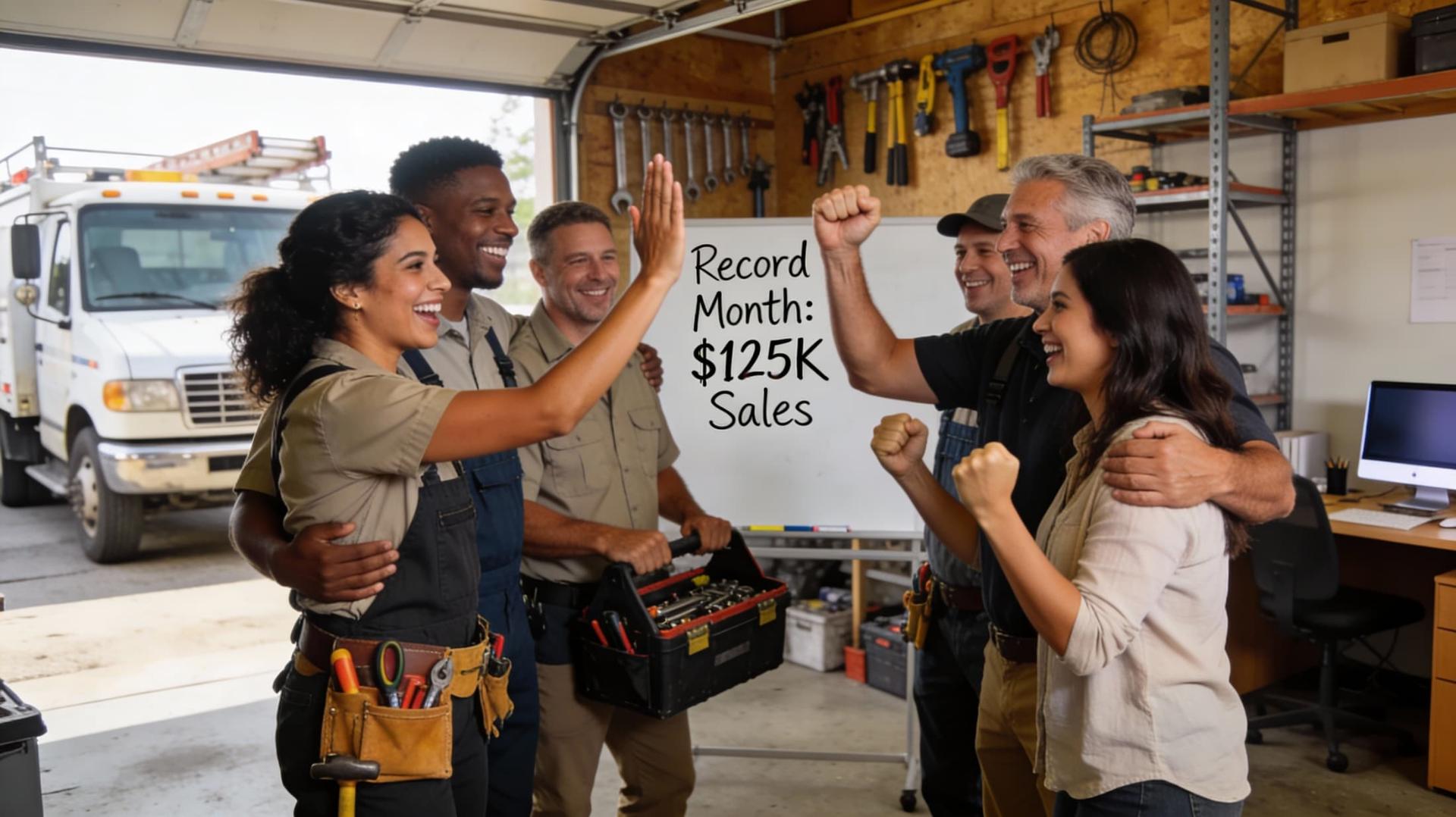 Thumbnail: Diverse small business team celebrating record sales month with high-fives in warehouse office - vision sharing creates team unity and business growth