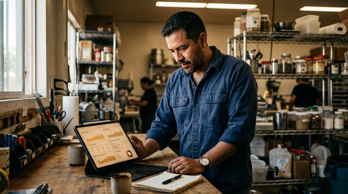 Small business owner analyzing business data on tablet reviewing root causes of growth challenges