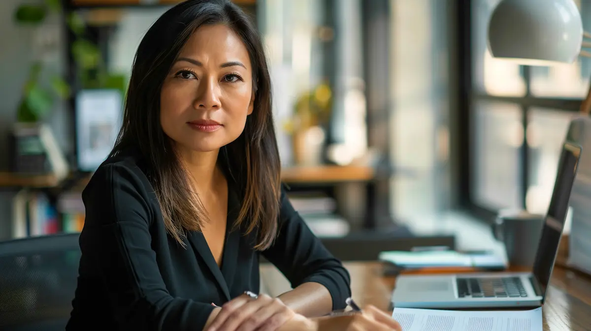 Composed small business owner reflecting at her desk — illustrating the leadership mindset traps that quietly cap small business growth