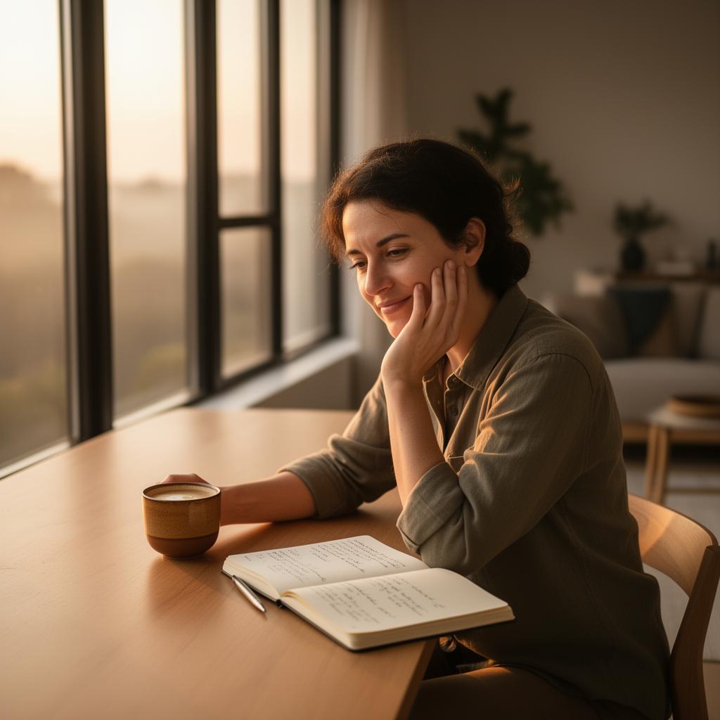 Small business owner reflecting on work-life integration with notebook and coffee in morning light