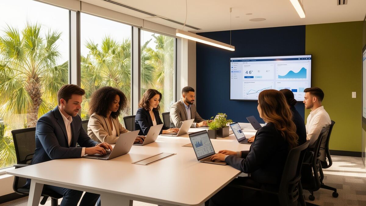 BizHealth.ai team collaborating in a modern Central Florida office with warm natural lighting