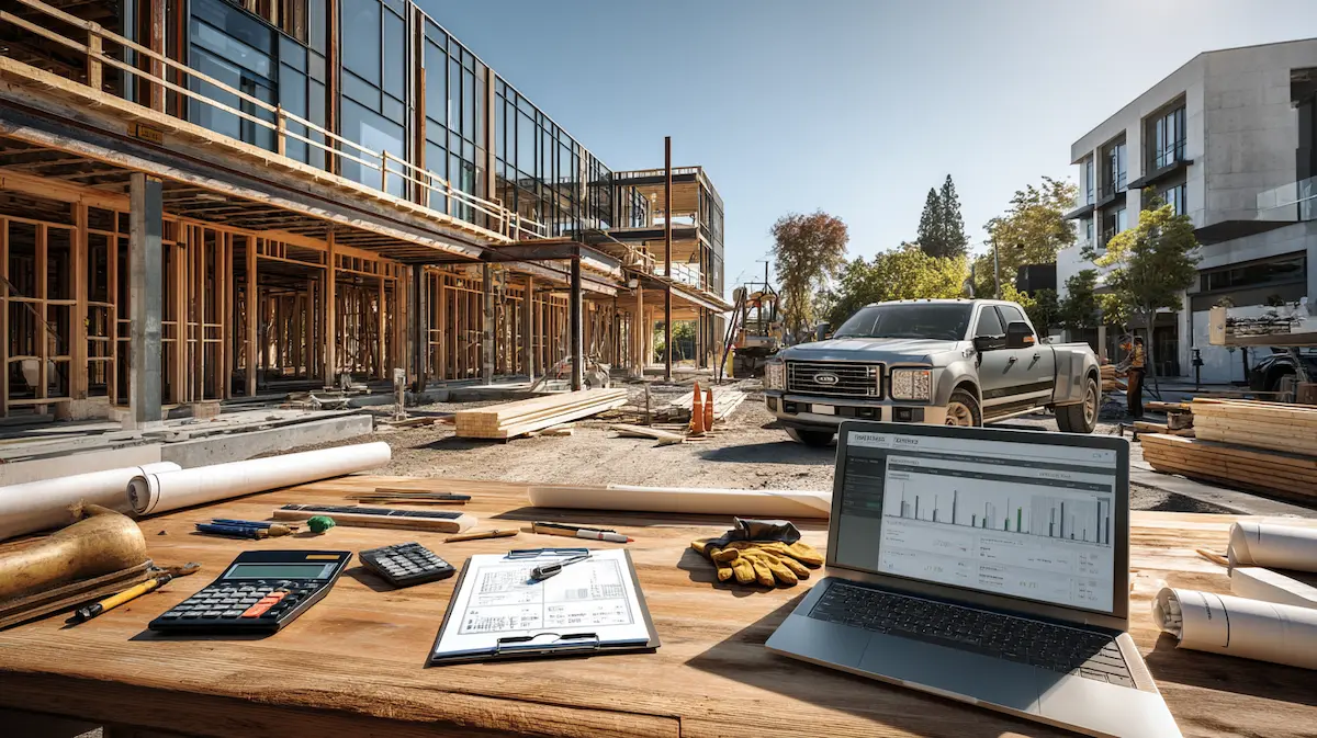 Construction job site with truck, lumber, framed building, blueprints, calculator, and laptop showing financial dashboard