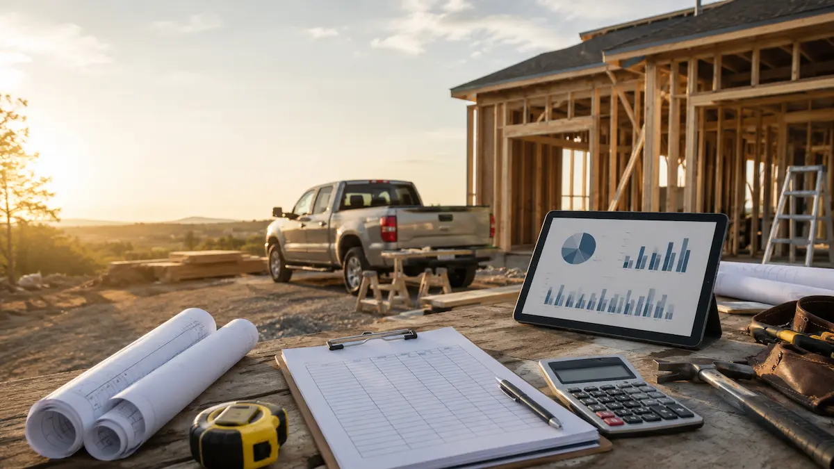 Construction jobsite with truck, blueprints, clipboard, calculator, and tablet showing margin charts on a wooden table